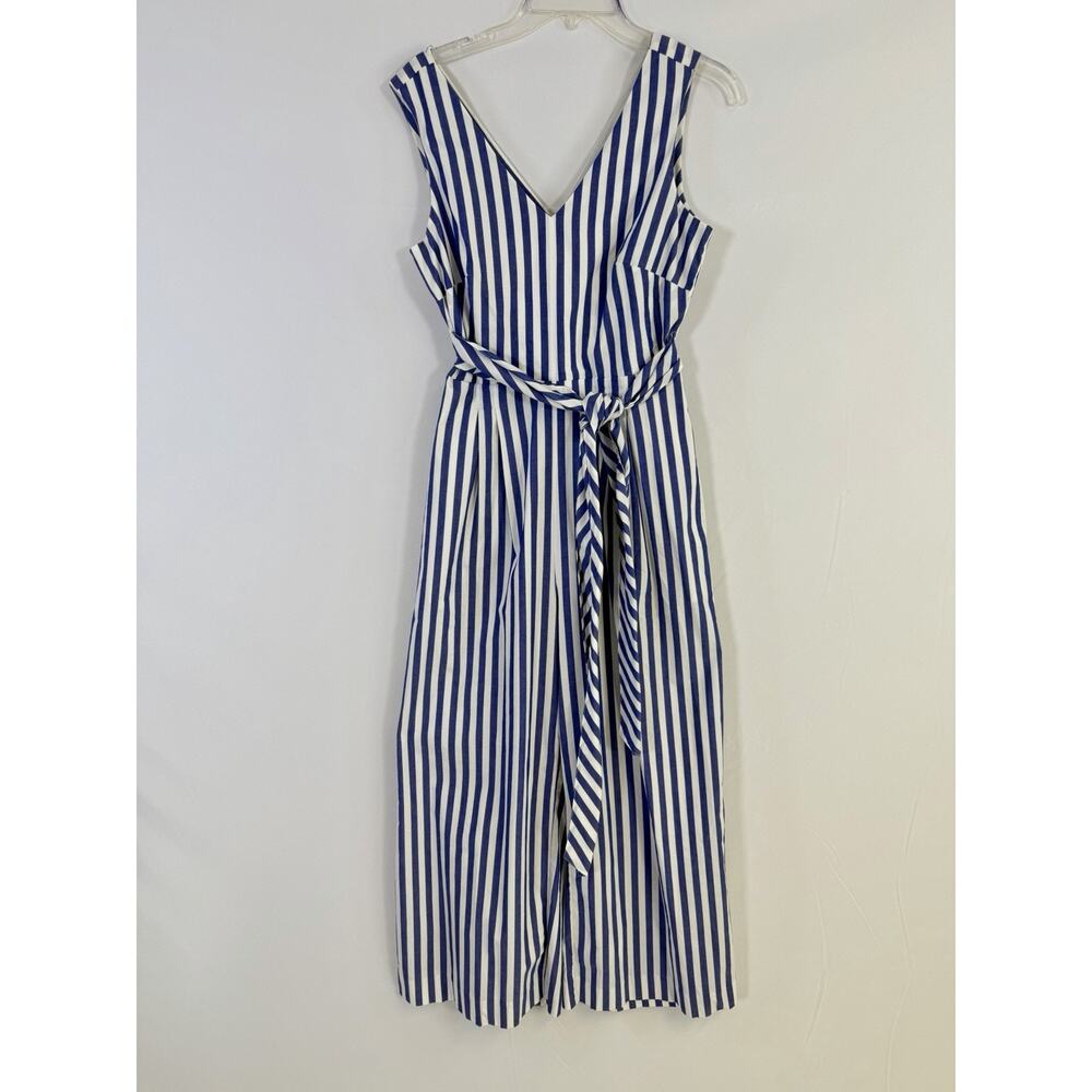 J. Crew Sleeveless Wrap Tie Waist Wide Leg Jumpsuit Blue White Striped Sz 4 EUC - Picture 4 of 16